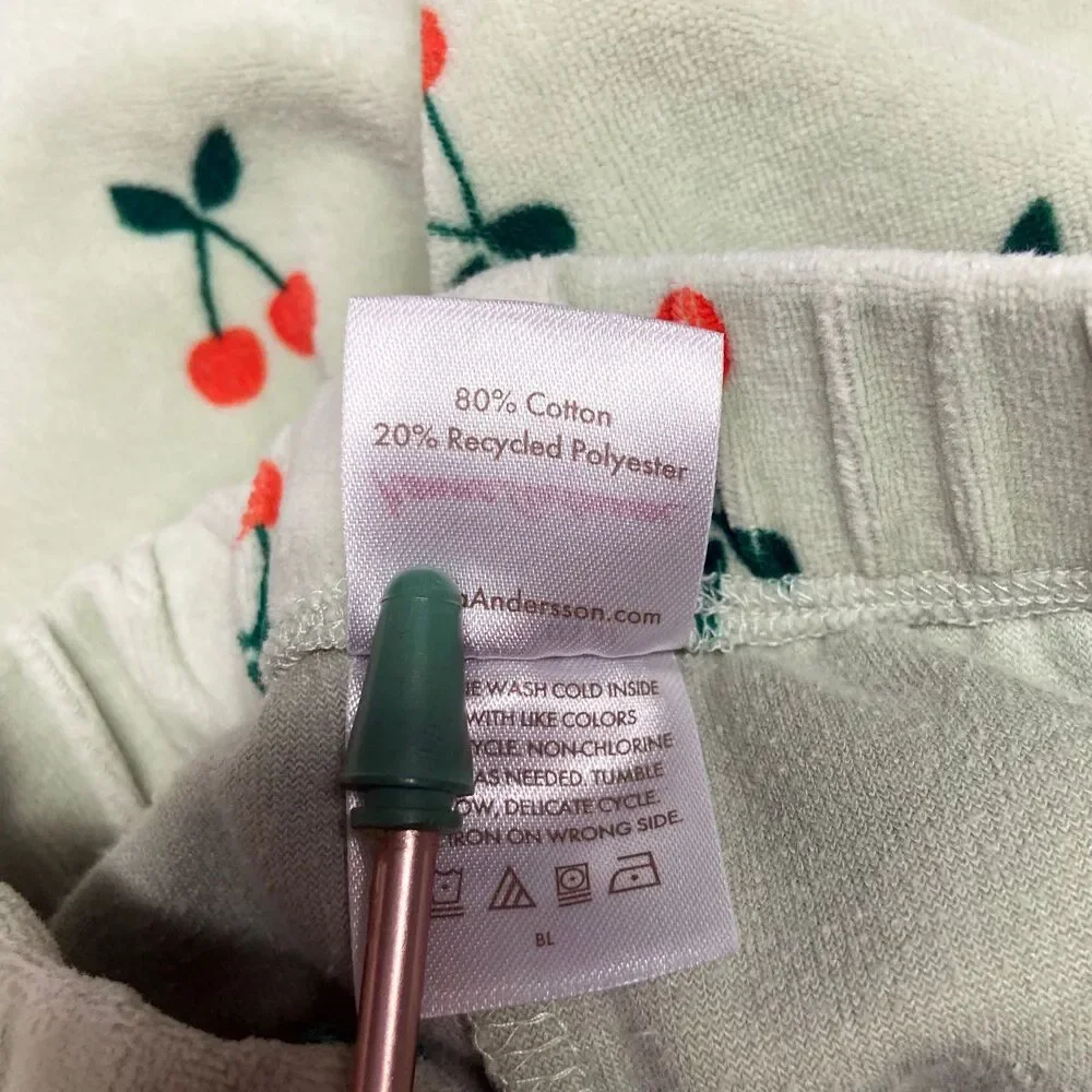 Hanna Andersson Sweatpants & Top Size 3T Green Cherry Print Velour Cotton Blend